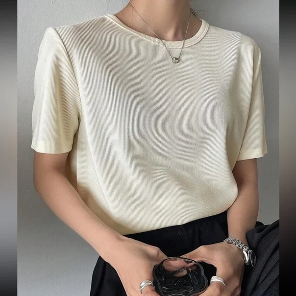 Ivory, cream relaxed fit Round Neck Short Sleeve T-Shirt - elevated tee shirt - Picture 2 of 4